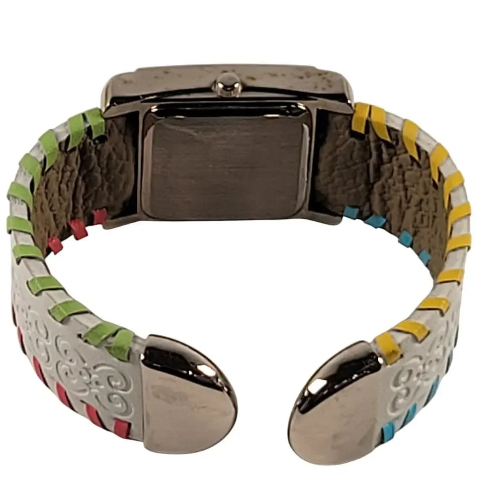 Silver Quartz Watch with Embossed Cuff White Leather Strap and Multicolor Design